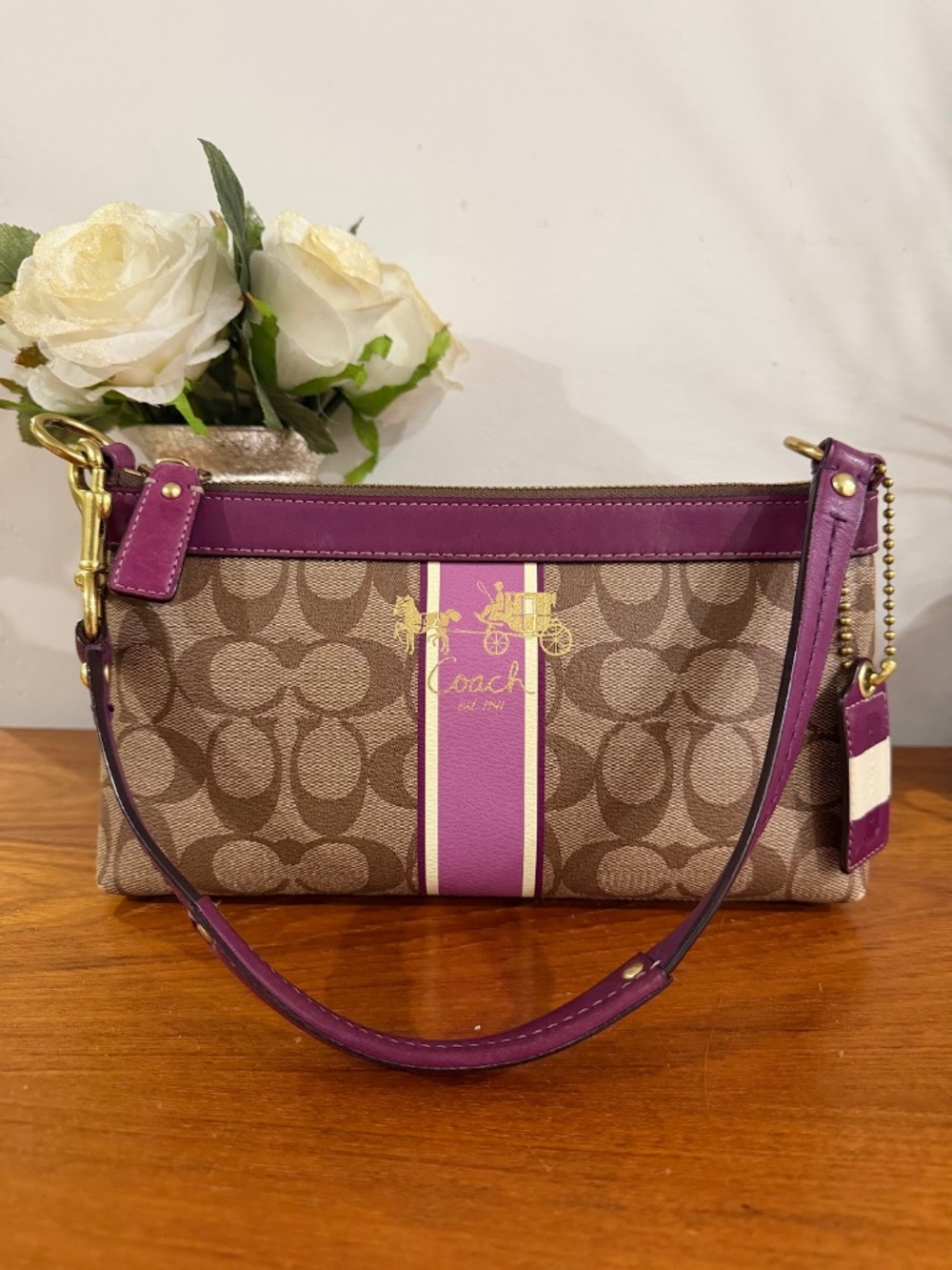 Coach Vintage Y2K Purple Brown Signature Jacquard Canvas Mini Shoulder Bag